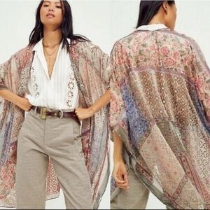 Free People Beguiled Patchwork Burnout Velvet Kimono Cover Up Boho Festival OS